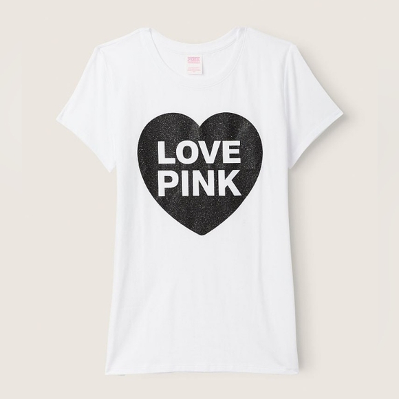 VS PINK White Pink Originals Black Glitter Shine Heart Logo Everyday Tee XL NEW - Picture 2 of 9
